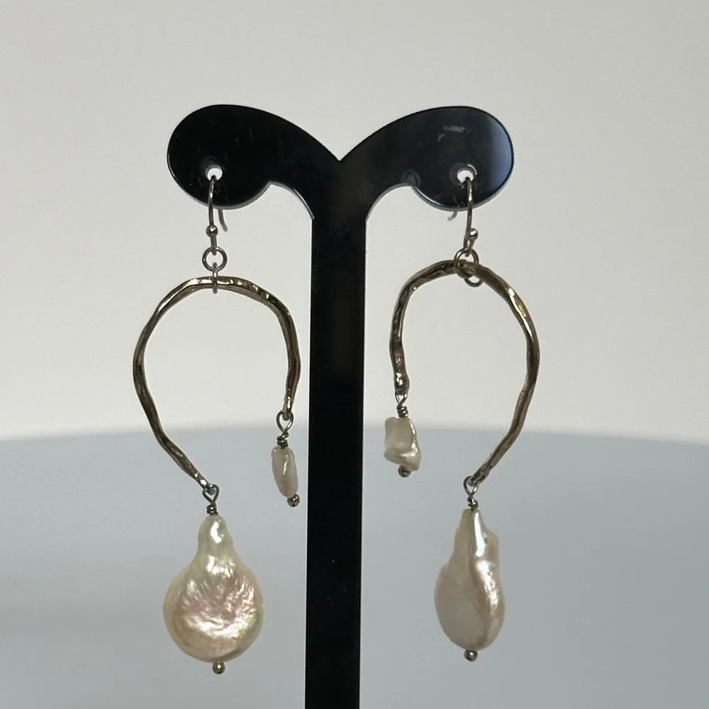 Artisan Gold and Pearl Dangle Earrings​​